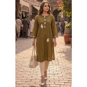 Beechtree Olive Green Embroidered Kurti Tunic Top Sz 10 Loose Fit Boho Kurta